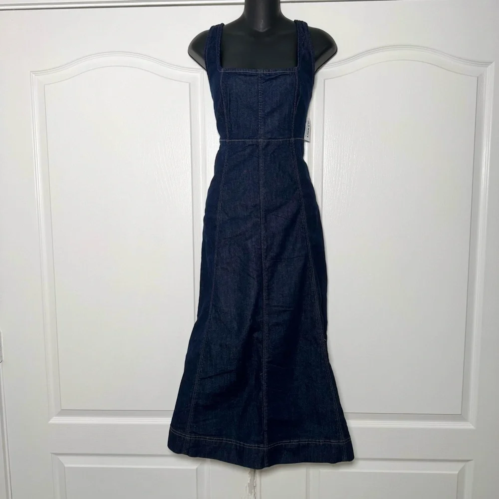 Denim dark blue wash fit and flare square neck midi dress NWT Small - Picture 3 of 7